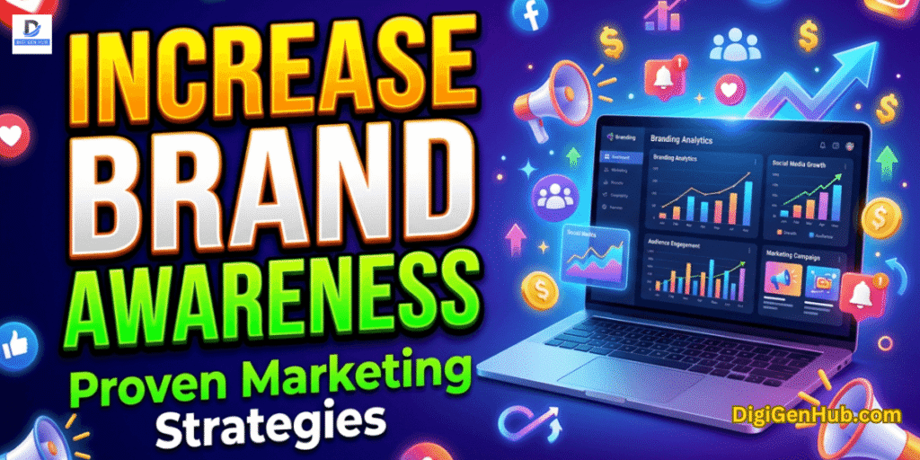 How to Increase Brand Awareness blog feature image with bold marketing title text, branding growth graphics, and digital marketing dashboard illustration.