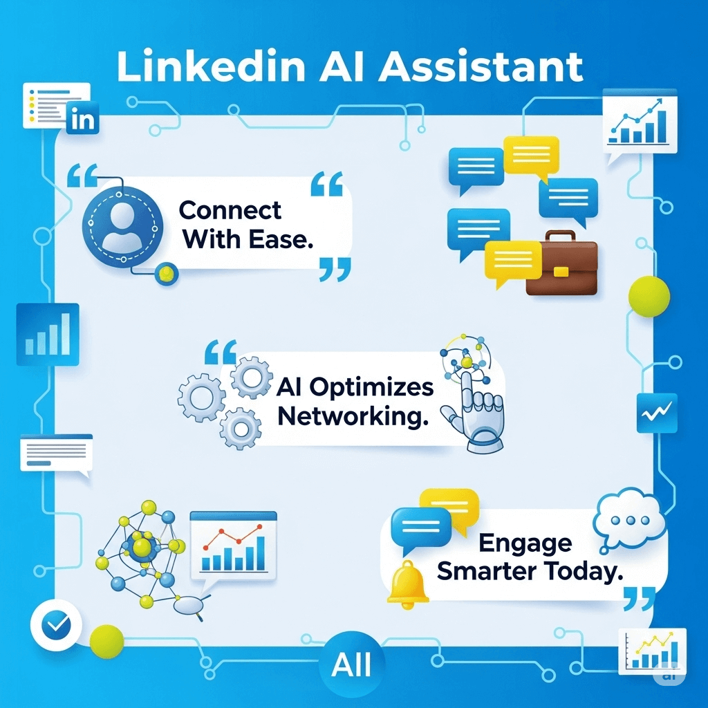Infographic showing LinkedIn AI assistant helping with networking and engagement, featuring bold three-word quotes and cartoon-style graphics