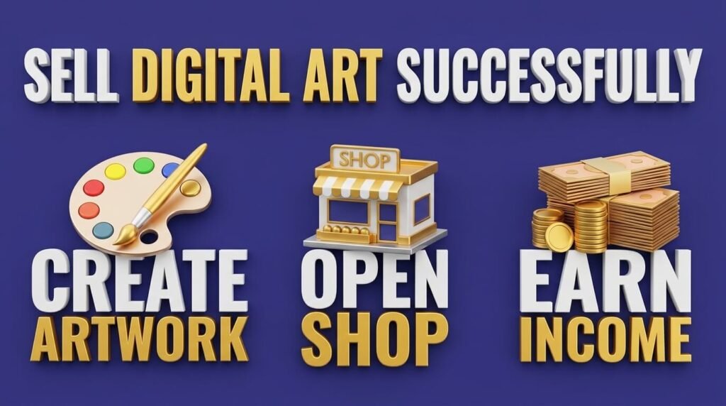 Digital art infographic showing creation, selling, and income generation.