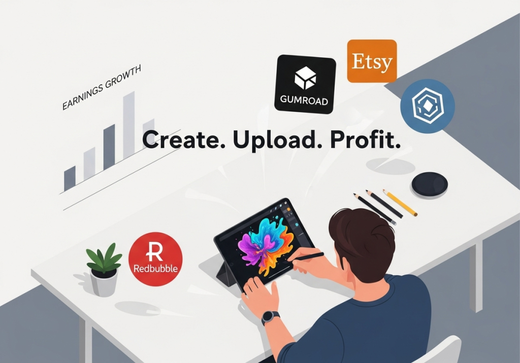 Digital artist creating art on tablet with online selling platforms and earnings growth chart