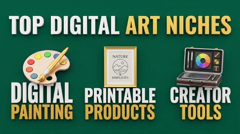 Digital art infographic showing paintings, printables, and creator tools.