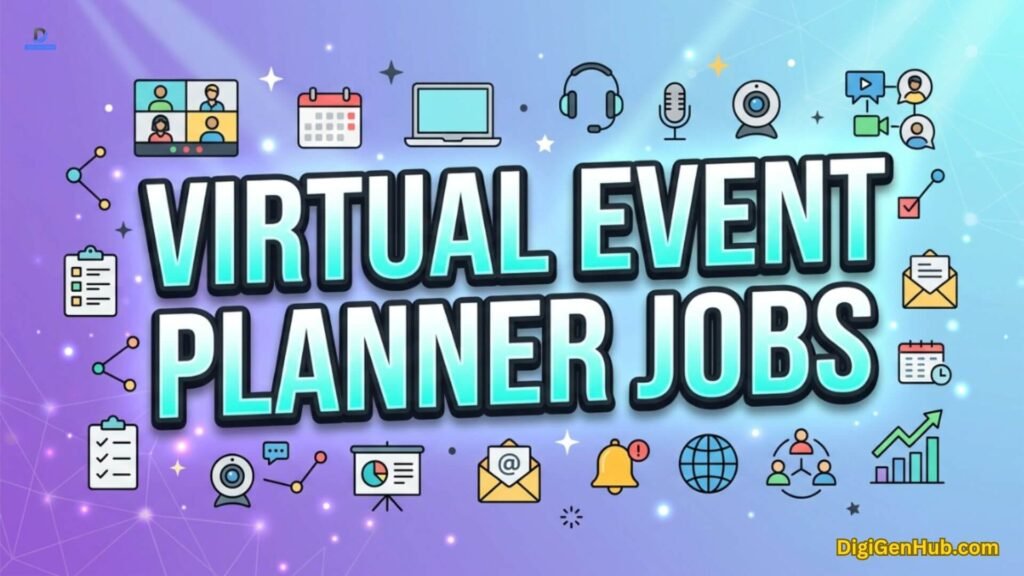 Virtual event planner jobs illustration with remote meeting icons.