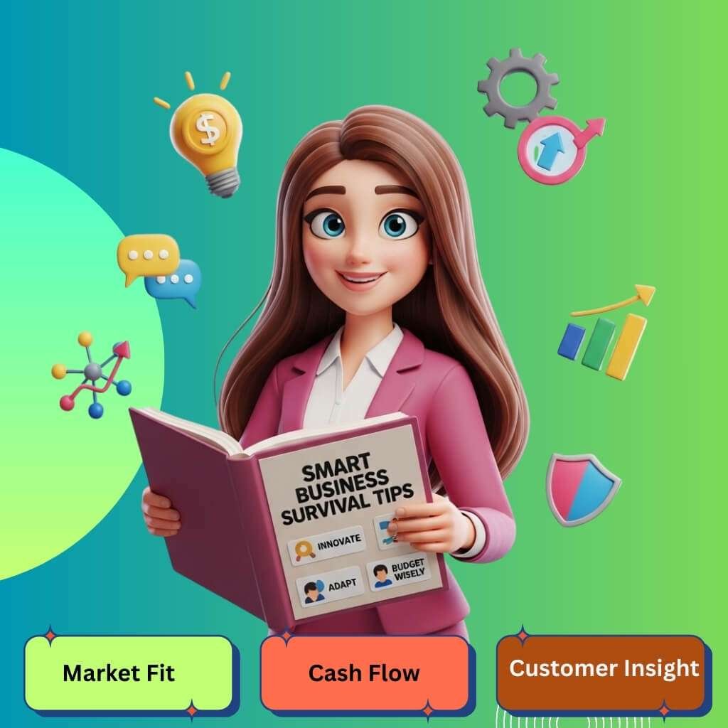 Infographic showing common small business mistakes, including lack of market fit, poor cash flow, and weak customer insight, with icons for finance, ideas, and customer focus.