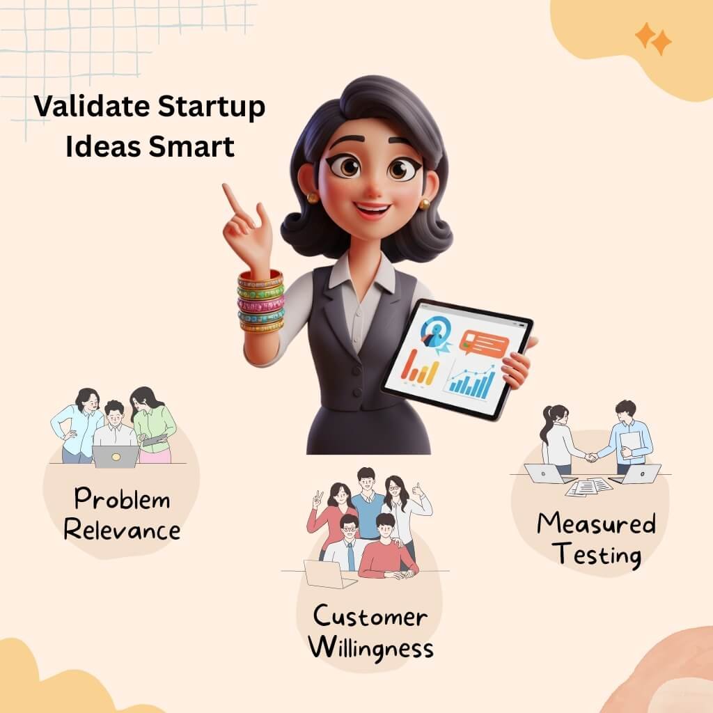 Infographic explaining how to validate a startup idea by testing problem relevance, customer willingness to pay, and small-scale measured testing before large investments.