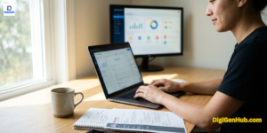 job seeker using laptop and AI tools for resume building and job application in modern workspace