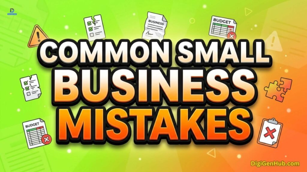 Small business mistakes illustration with warning and planning icons.