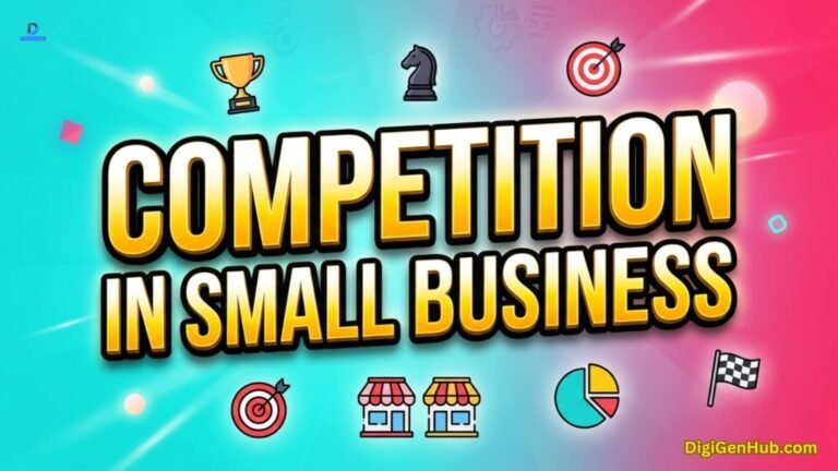 Small business competition illustration with market rivalry icons.