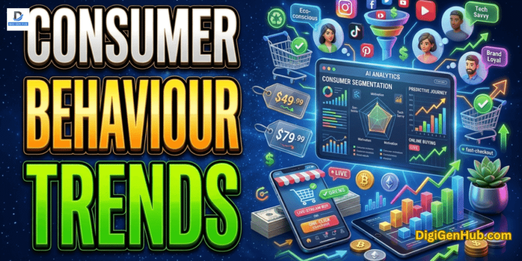 Consumer behaviour trends blog featured image with customer analytics and digital marketing graphics