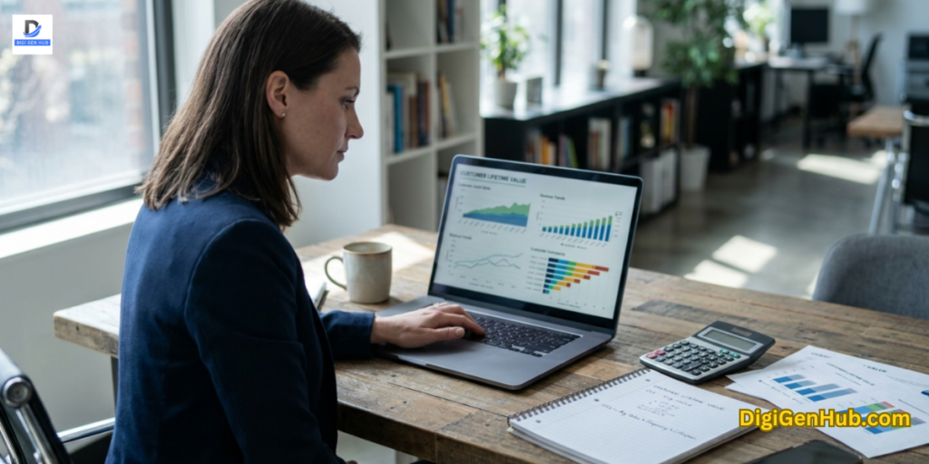 business professional analyzing customer lifetime value and revenue data on laptop in modern workspace
