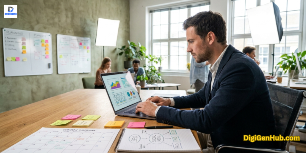 digital marketing fundamentals startup founder strategy SEO social media planning workspace