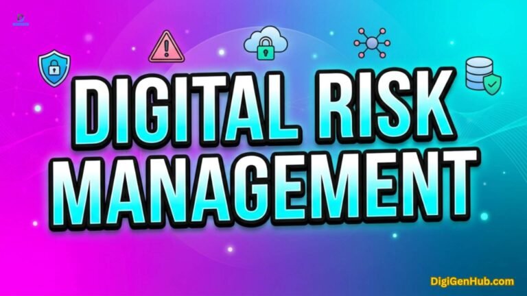 Digital risk management illustration with cybersecurity and compliance icons.
