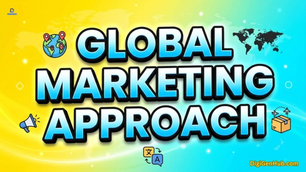 Global marketing approach illustration with worldwide marketing icons.