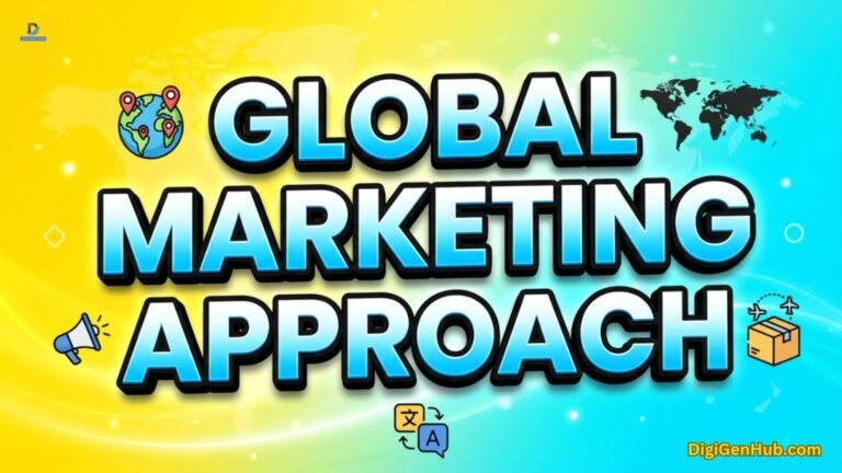 Global marketing approach illustration with worldwide marketing icons.