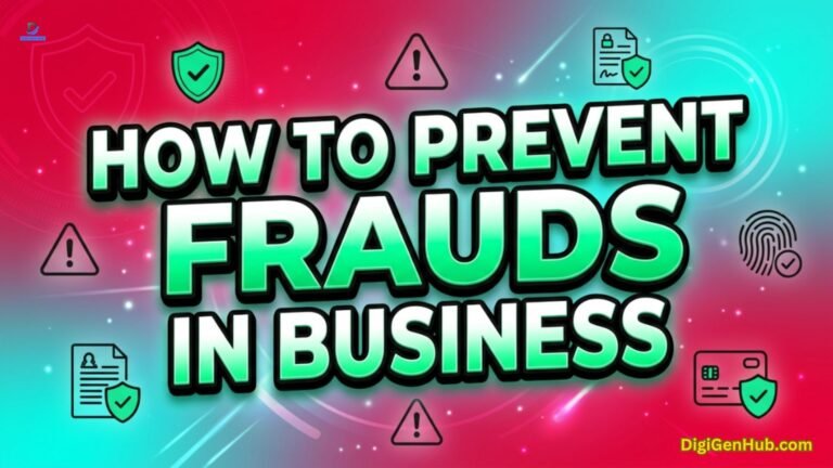 Business fraud prevention illustration with security and protection icons.