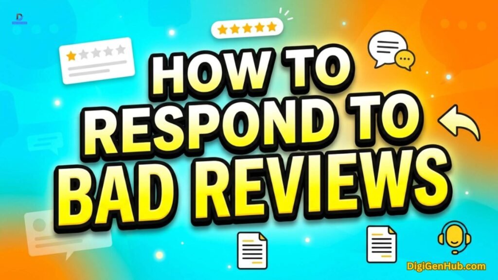 Bad review response illustration with customer feedback icons.