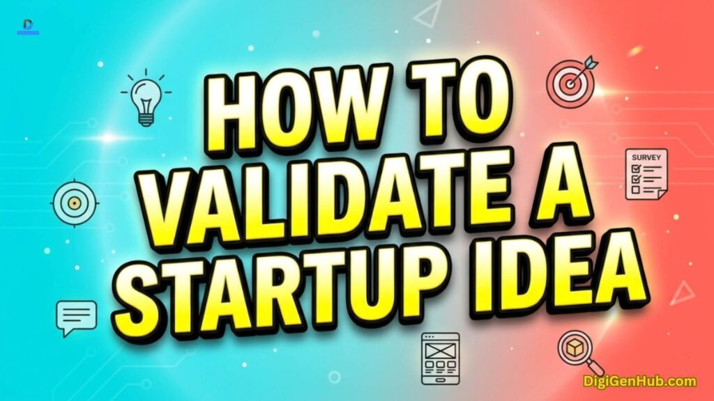 Startup idea validation illustration with research and feedback icons.