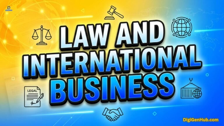 International business law illustration with legal and global trade icons.