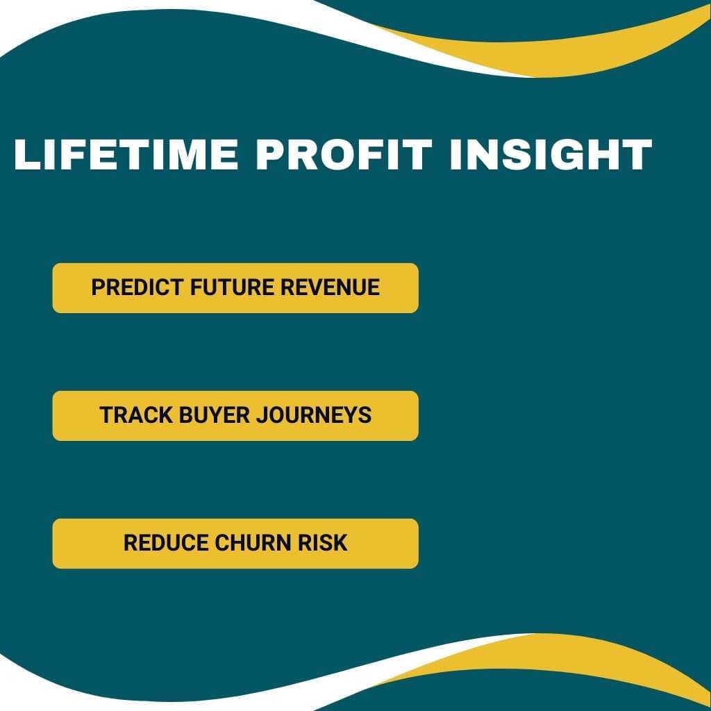 Lifetime Profit Insight with three quotations: Predict Future Revenue, Track Buyer Journeys, Reduce Churn Risk.
