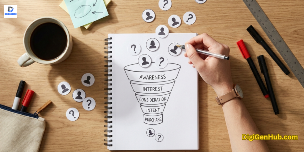 marketing funnel diagram with hand catching falling leads on desk workspace