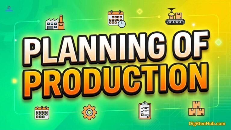 Production planning illustration with factory and manufacturing workflow icons.