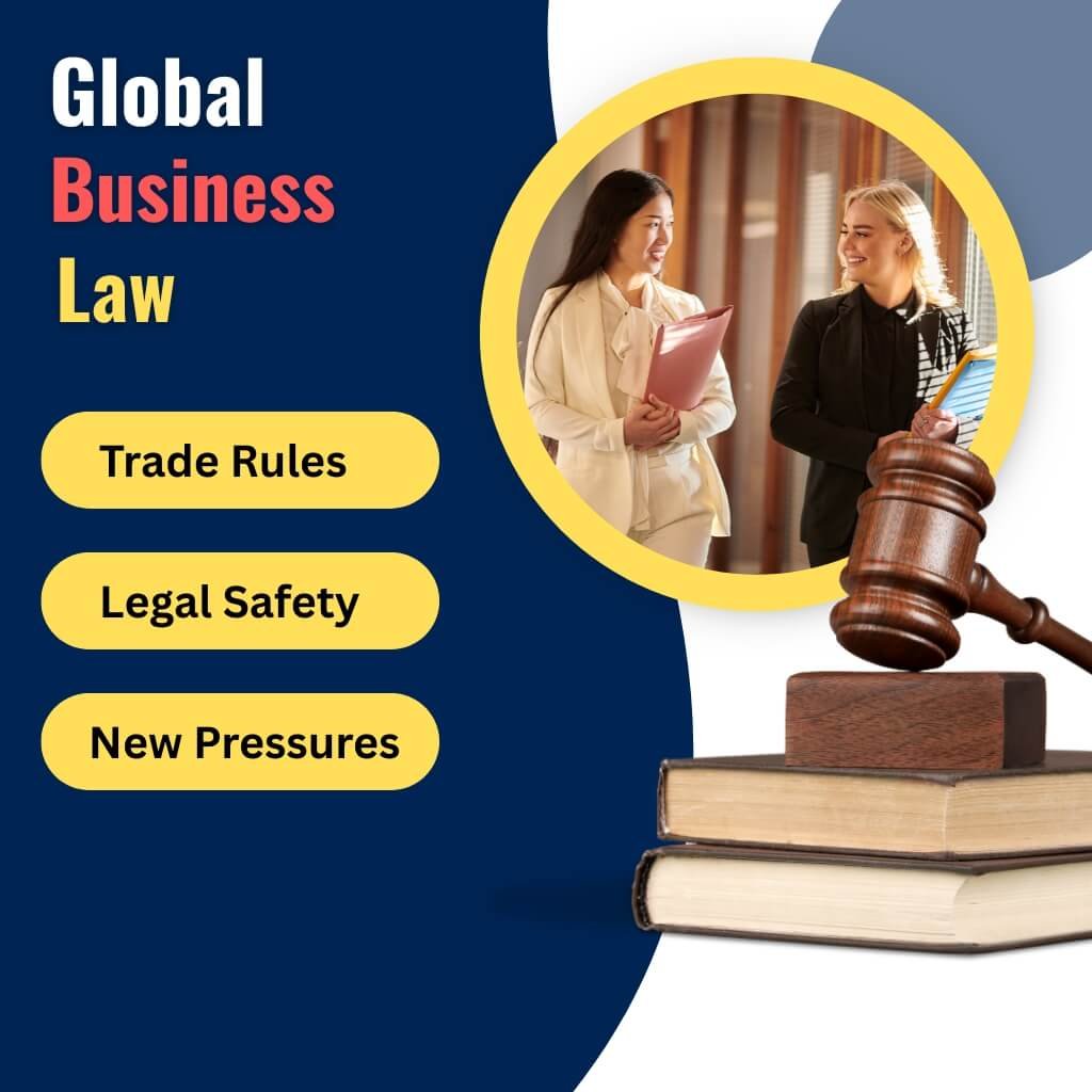 Infographic on law and international business showing trade treaties, arbitration for disputes, compliance with bribery and data laws, IP protection, and skills like culture, tech, and negotiation for global careers.