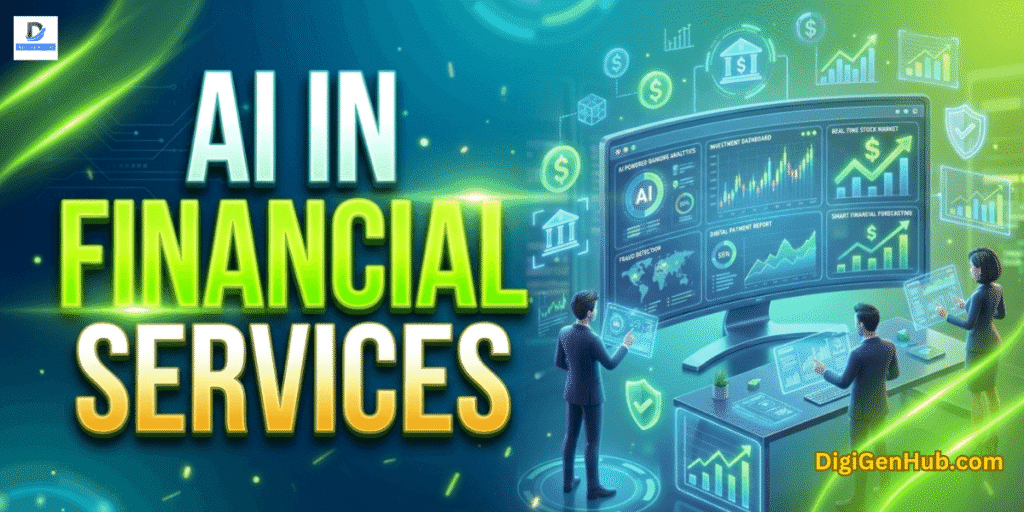 AI in financial services 3D illustration with futuristic fintech analytics dashboard and neon green banking technology design