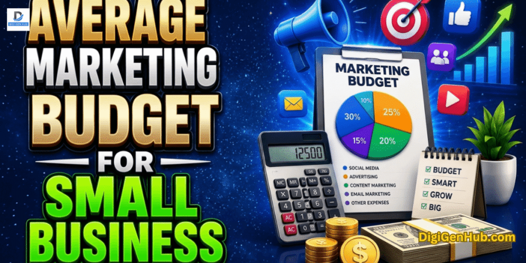 Average marketing budget for small business blog featured image with marketing analytics and branding graphics