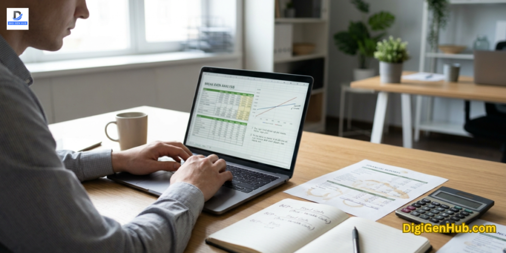photo of business professional analyzing break-even point formula with financial charts and calculator on desk