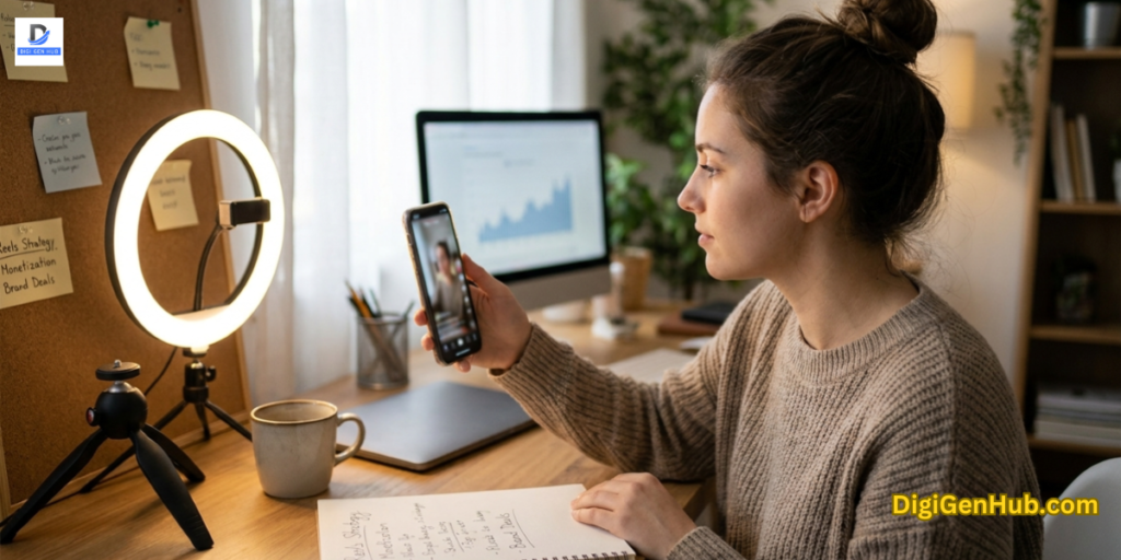content creator using smartphone to create short videos with modern workspace for earning money from reels