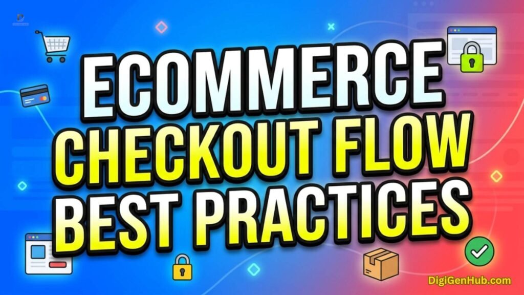 Ecommerce checkout flow illustration with secure payment and checkout icons.