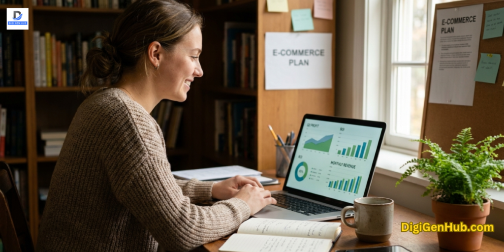 entrepreneur analyzing online business profitability with laptop and natural home office workspace