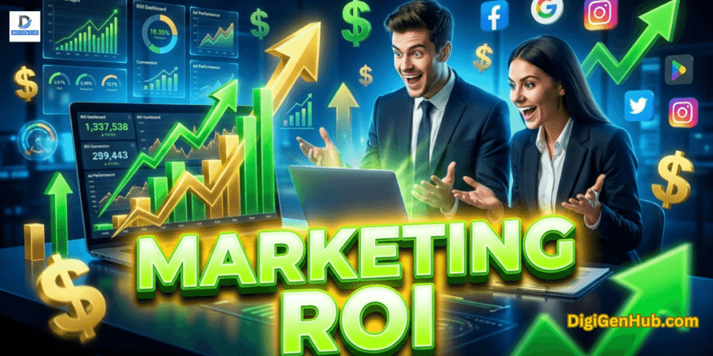 Marketing ROI analytics dashboard showing business profit growth and advertising performance metrics