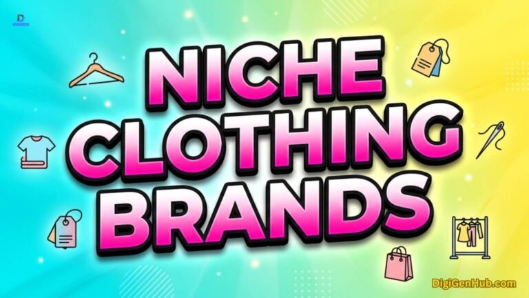 Niche clothing brands illustration with fashion apparel and branding icons.