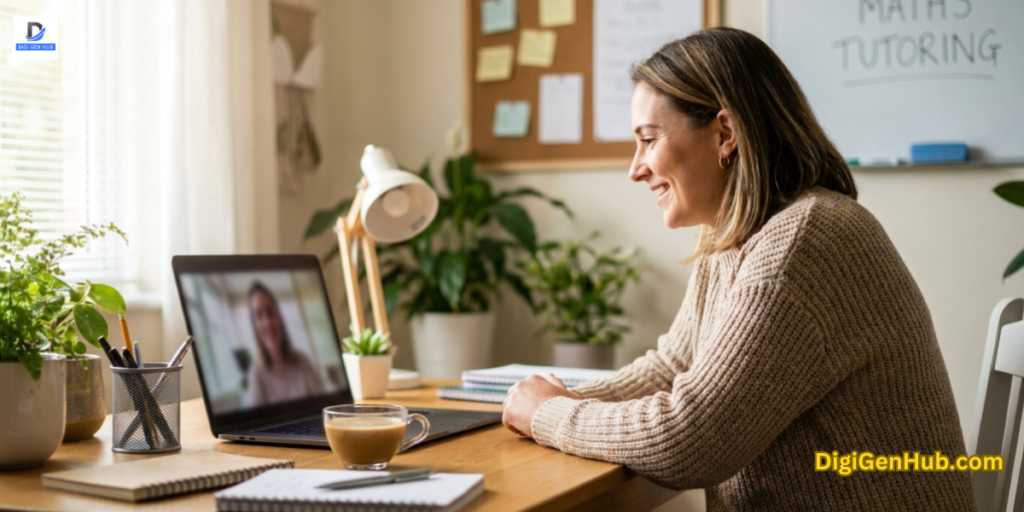 online tutoring setup with laptop, study materials, and modern home workspace for remote teaching business