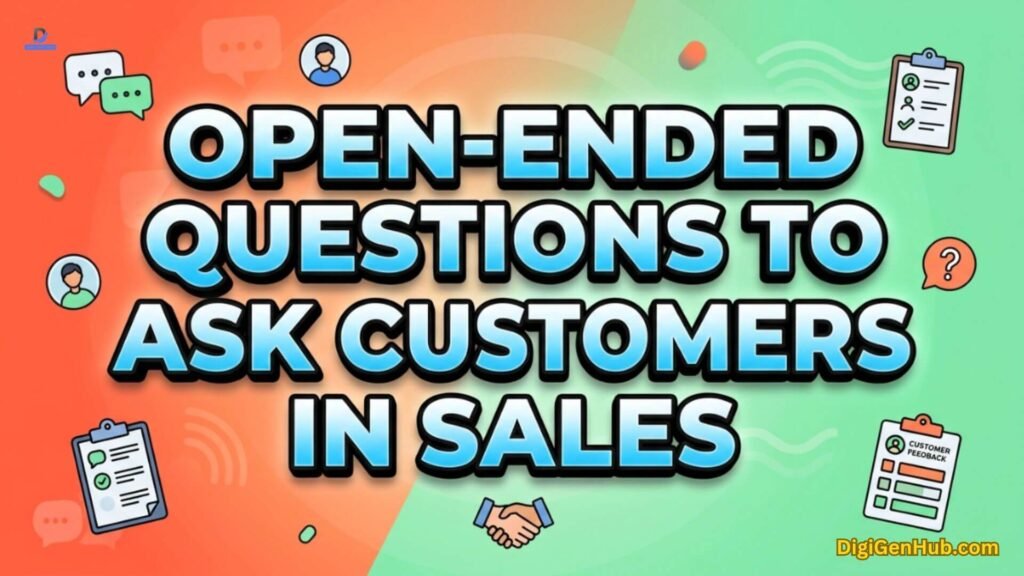 Sales conversation illustration with customer question and feedback icons.