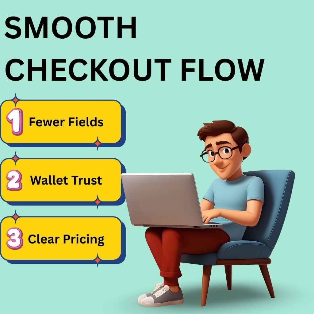Ecommerce checkout best practices focusing on fewer fields, wallet trust, and clear pricing