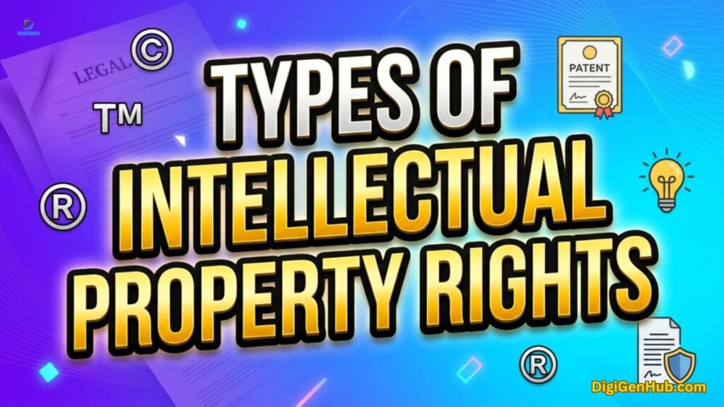 Intellectual property rights illustration with copyright, trademark, and patent icons.