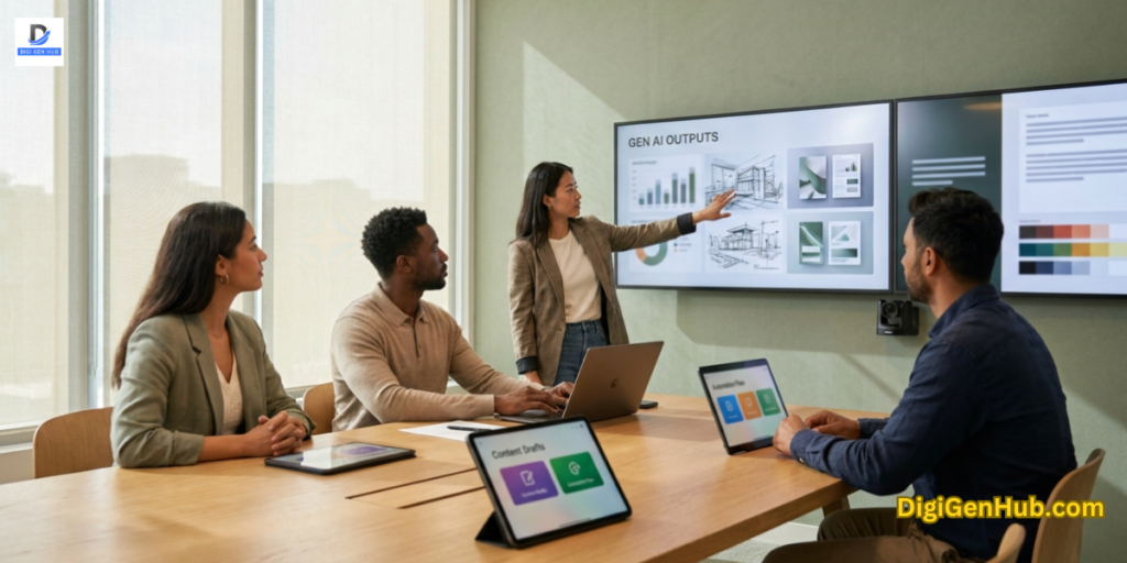 generative AI business applications modern corporate innovation meeting workspace