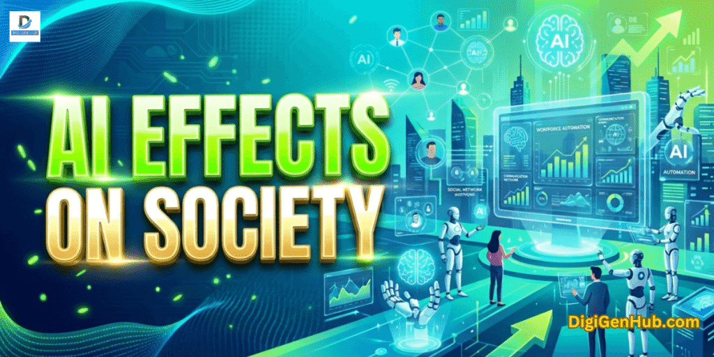 AI effects on society illustration with futuristic city technology dashboard and neon green artificial intelligence design