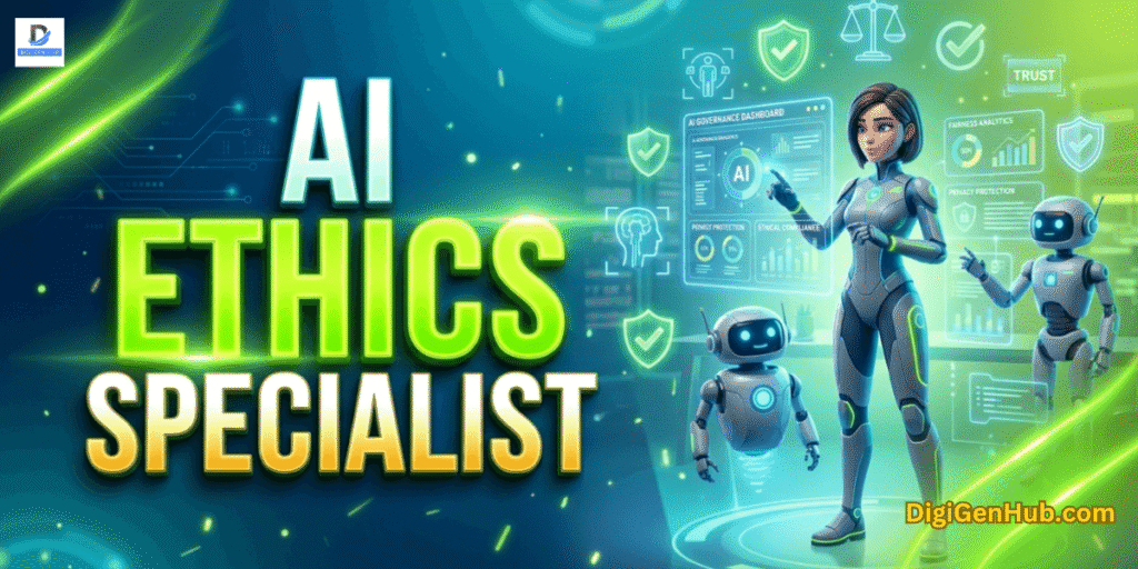 AI ethics specialist 3D illustration with futuristic ethical AI dashboard and neon green technology design
