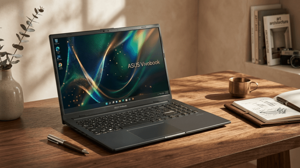 ASUS VivoBook Go 15 AMD Ryzen 5 laptop glowing with vivid display on clean light grey minimal surfac