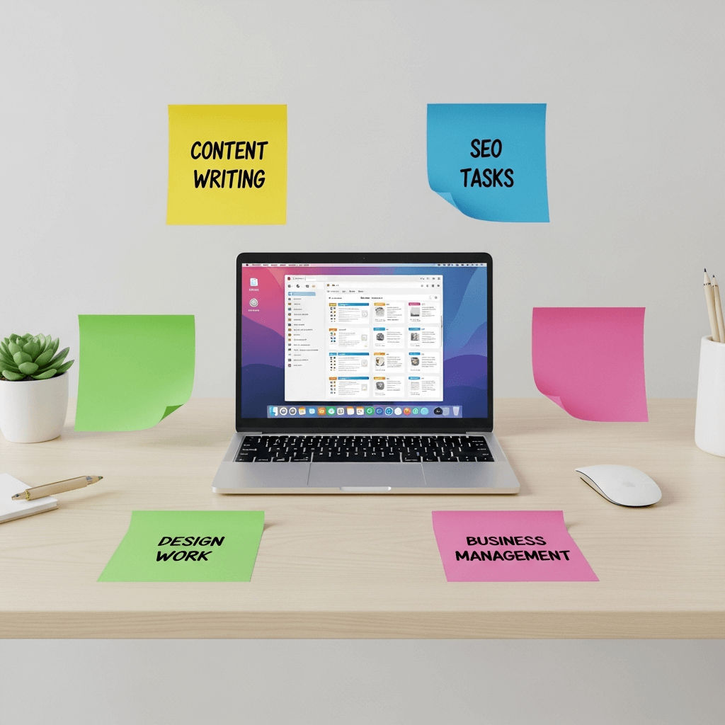 Laptop setup showing essential tasks for daily online work.