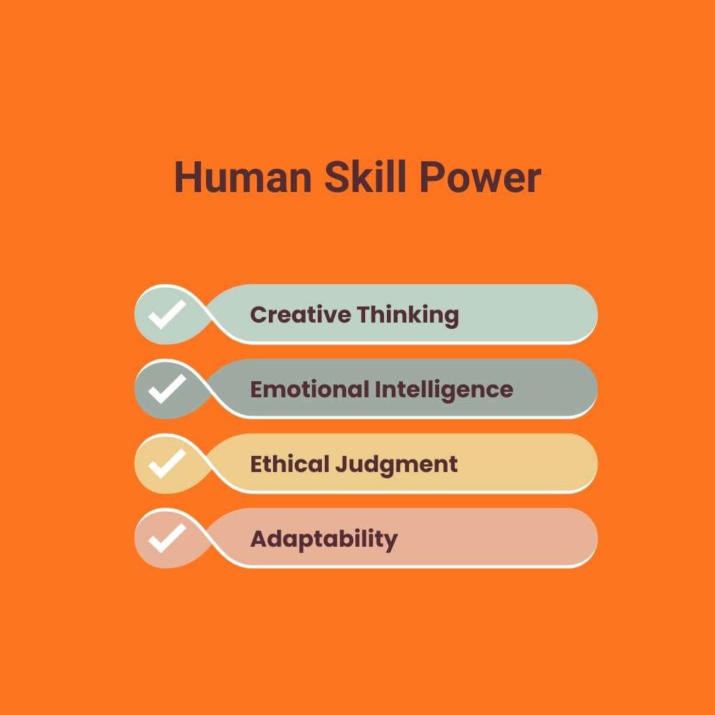 Illustration showing humans using creativity, empathy, and ethics beyond AI capability.