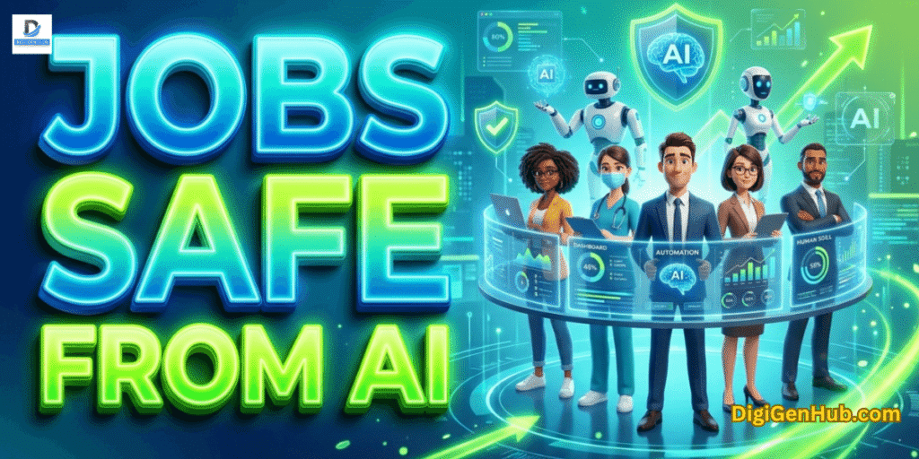 Jobs safe from AI 3D Pixar-style illustration with futuristic workforce technology and neon green career analytics design