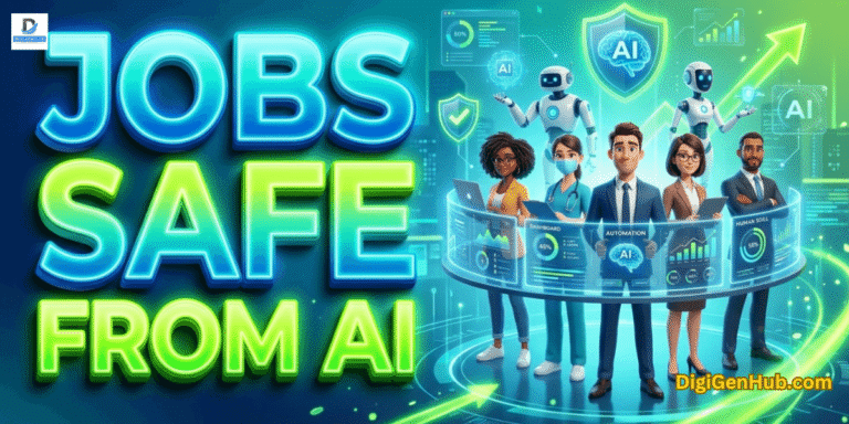 Jobs safe from AI 3D Pixar-style illustration with futuristic workforce technology and neon green career analytics design