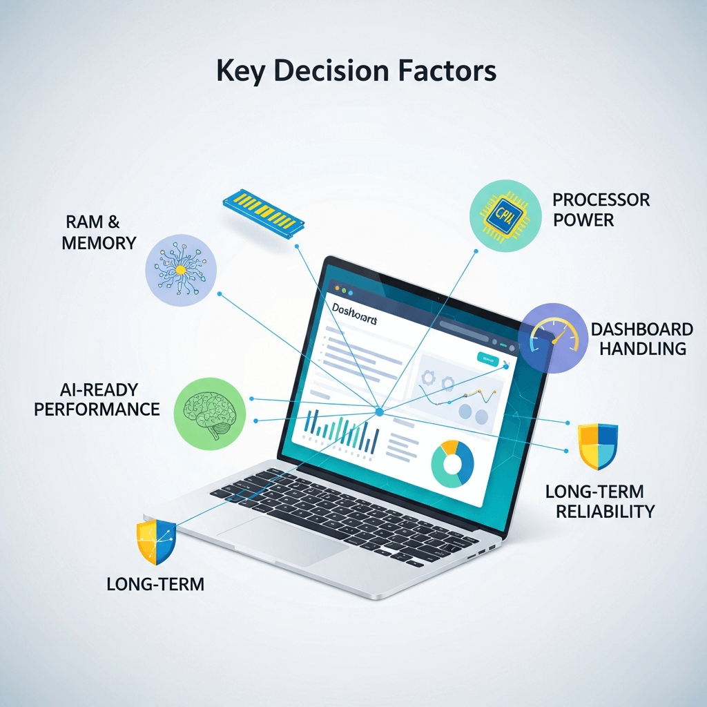 Infographic highlighting essential laptop features for online business.