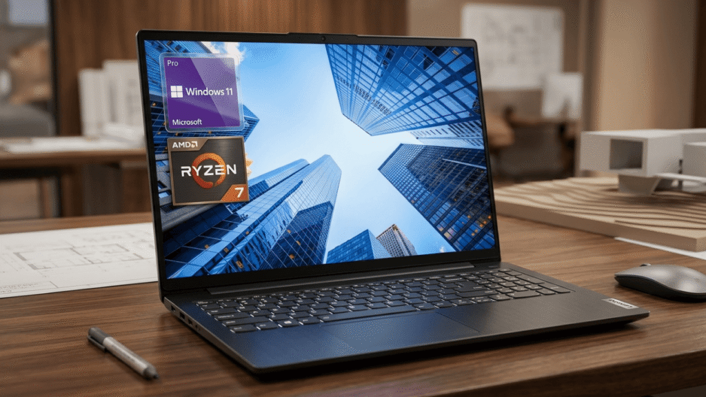 Lenovo V15 laptop open on dark surface displaying bright sharp business dashboard with sleek grey design