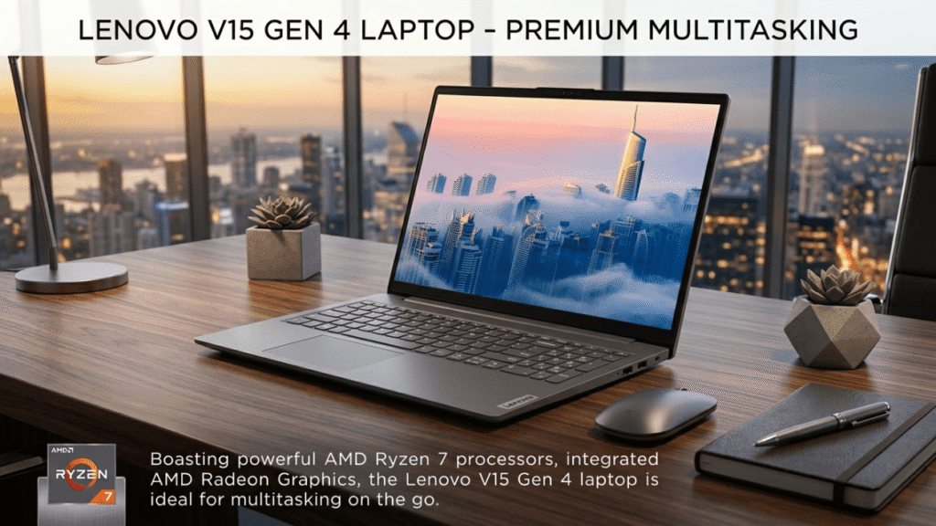 Lenovo V15 AMD Ryzen 7 7730U laptop glowing with sharp vivid display on dark textured premium surface