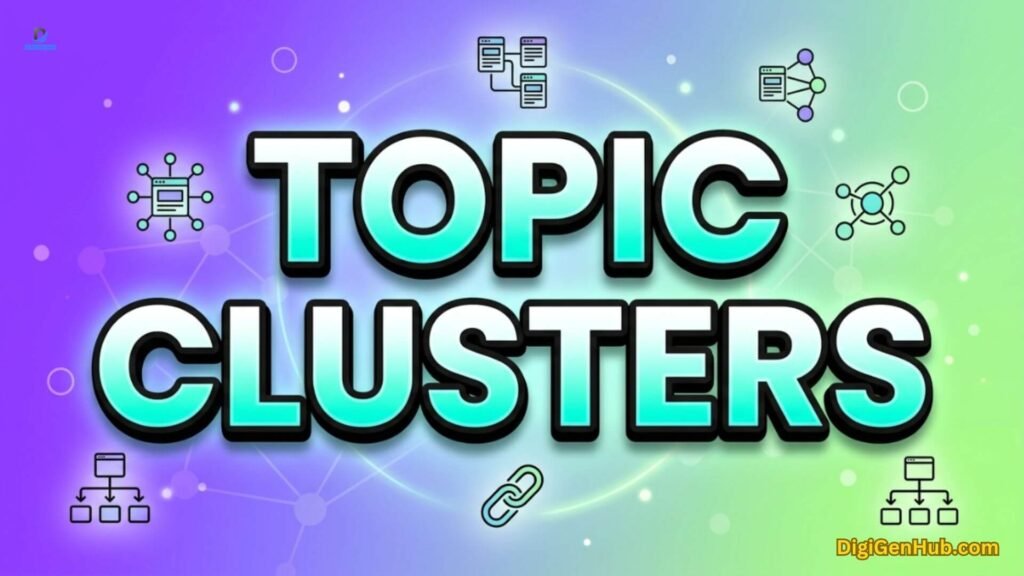 Topic clusters illustration with content hierarchy and linking icons.