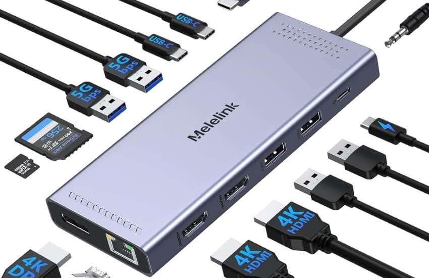 14-in-1 USB C laptop docking station with dual monitor support.